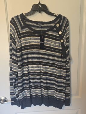 Chaps Navy and White Striped Button-Shoulder Crewneck Sweater.